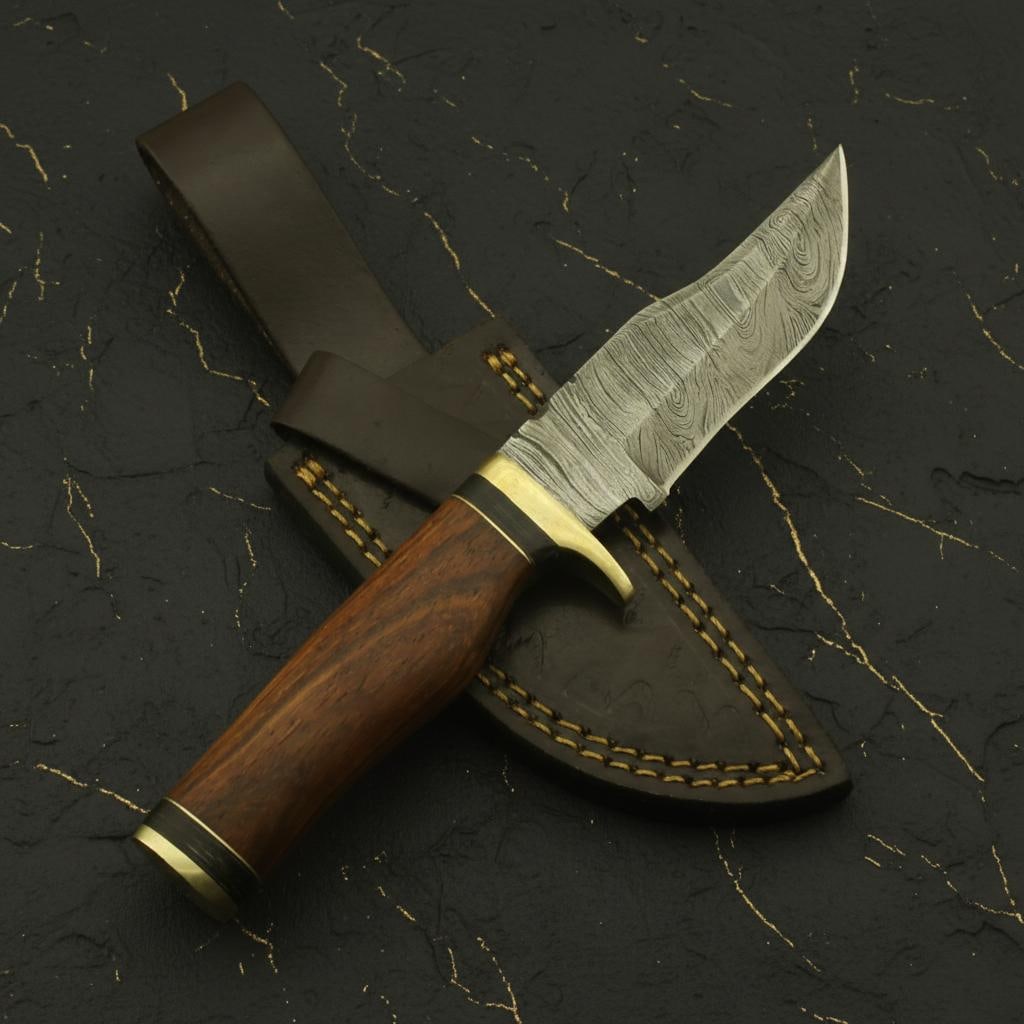 8" Hand Forged Damascus Hunting Knife with Custom Rosewood Handle and Leather Sheath - 3