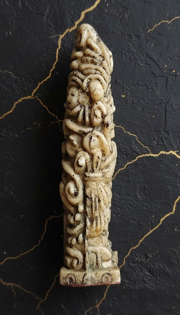 Ancient Mayan Style Stela Figurine Off-White Stone Deity Idol Sculpture - 4