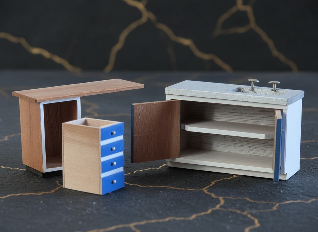 Vintage Wooden Dollhouse Kitchen Set Sink and Cupboard Miniature Furniture - 2