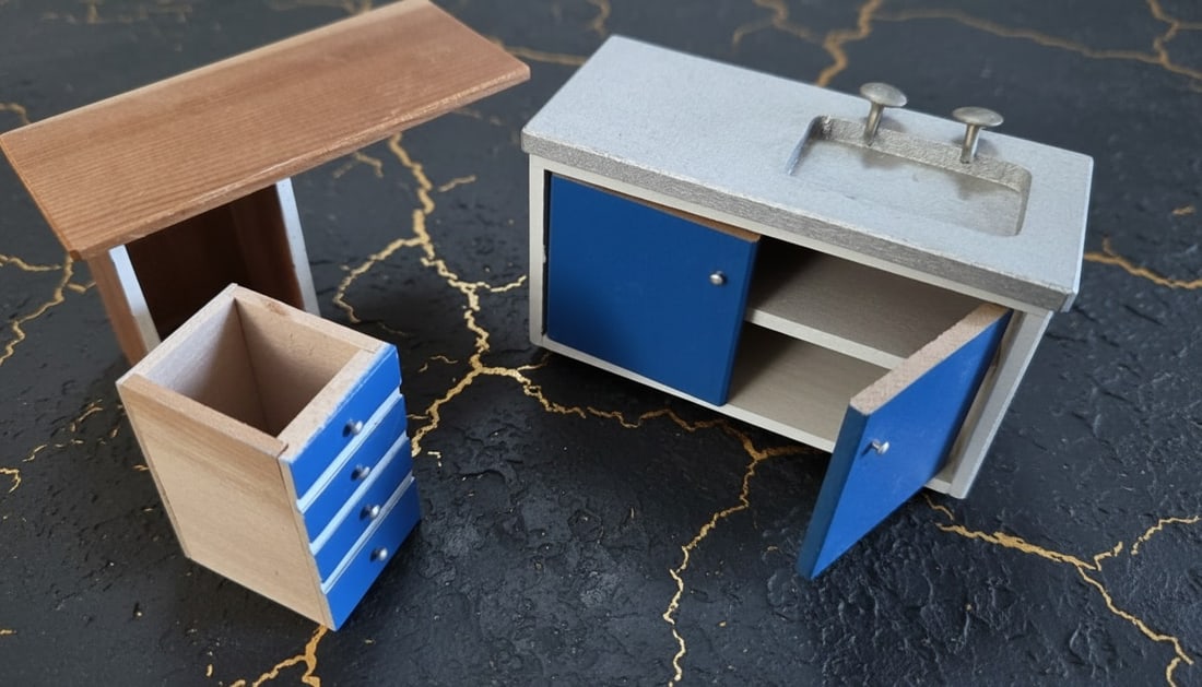 Vintage Wooden Dollhouse Kitchen Set Sink and Cupboard Miniature Furniture - 3