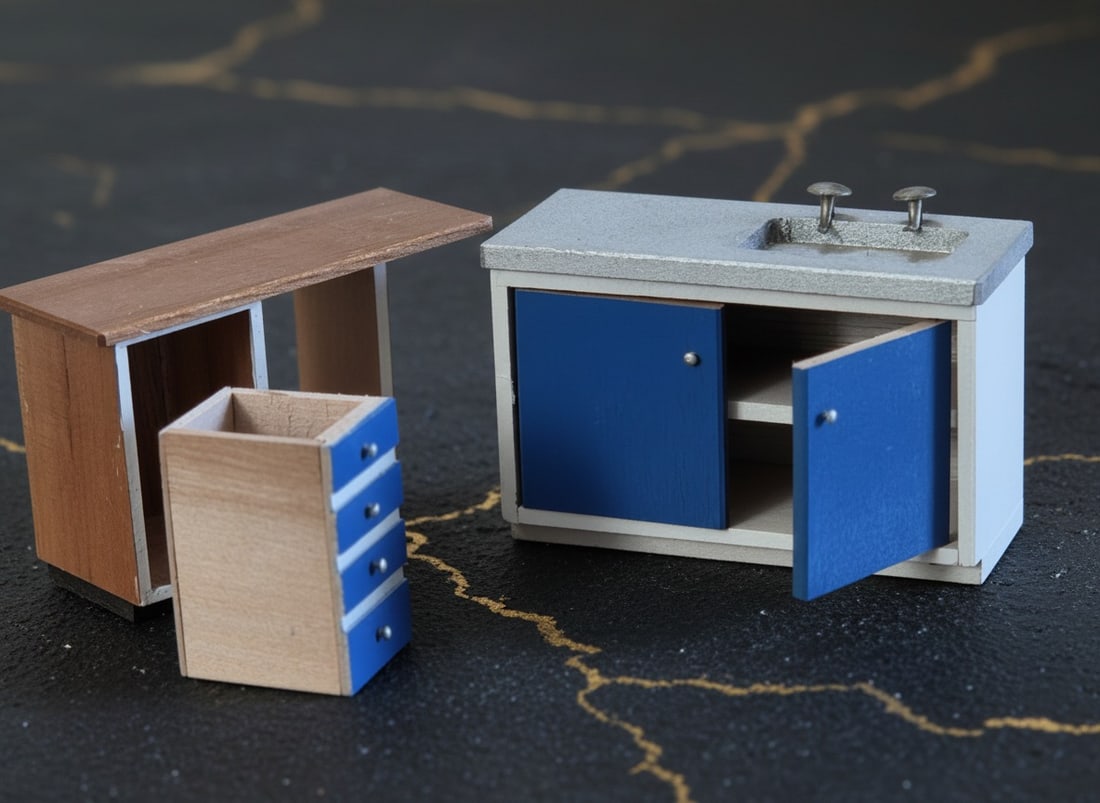 Vintage Wooden Dollhouse Kitchen Set Sink and Cupboard Miniature Furniture - 6
