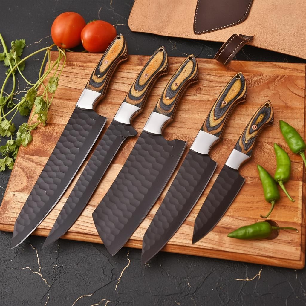 Hand Forged Damascus Steel 5-Piece Chef Knife Set with Wood Handles and Leather Roll - 2