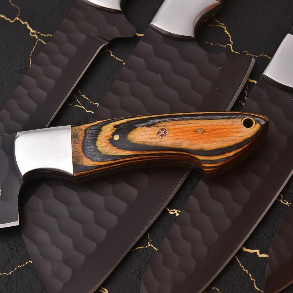 Hand Forged Damascus Steel 5-Piece Chef Knife Set with Wood Handles and Leather Roll - 3