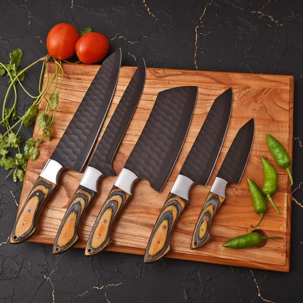 Hand Forged Damascus Steel 5-Piece Chef Knife Set with Wood Handles and Leather Roll - 4