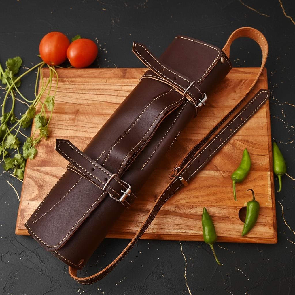 Hand Forged Damascus Steel 5-Piece Chef Knife Set with Wood Handles and Leather Roll - 7