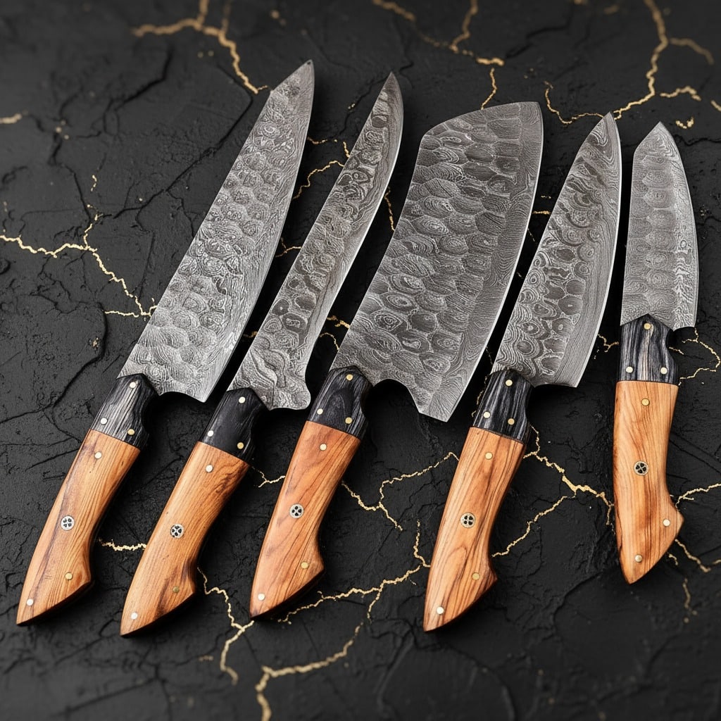 5pc Hand Forged Damascus Steel Kitchen Knife Set w/ Wood Handles and Leather Sheath - 2