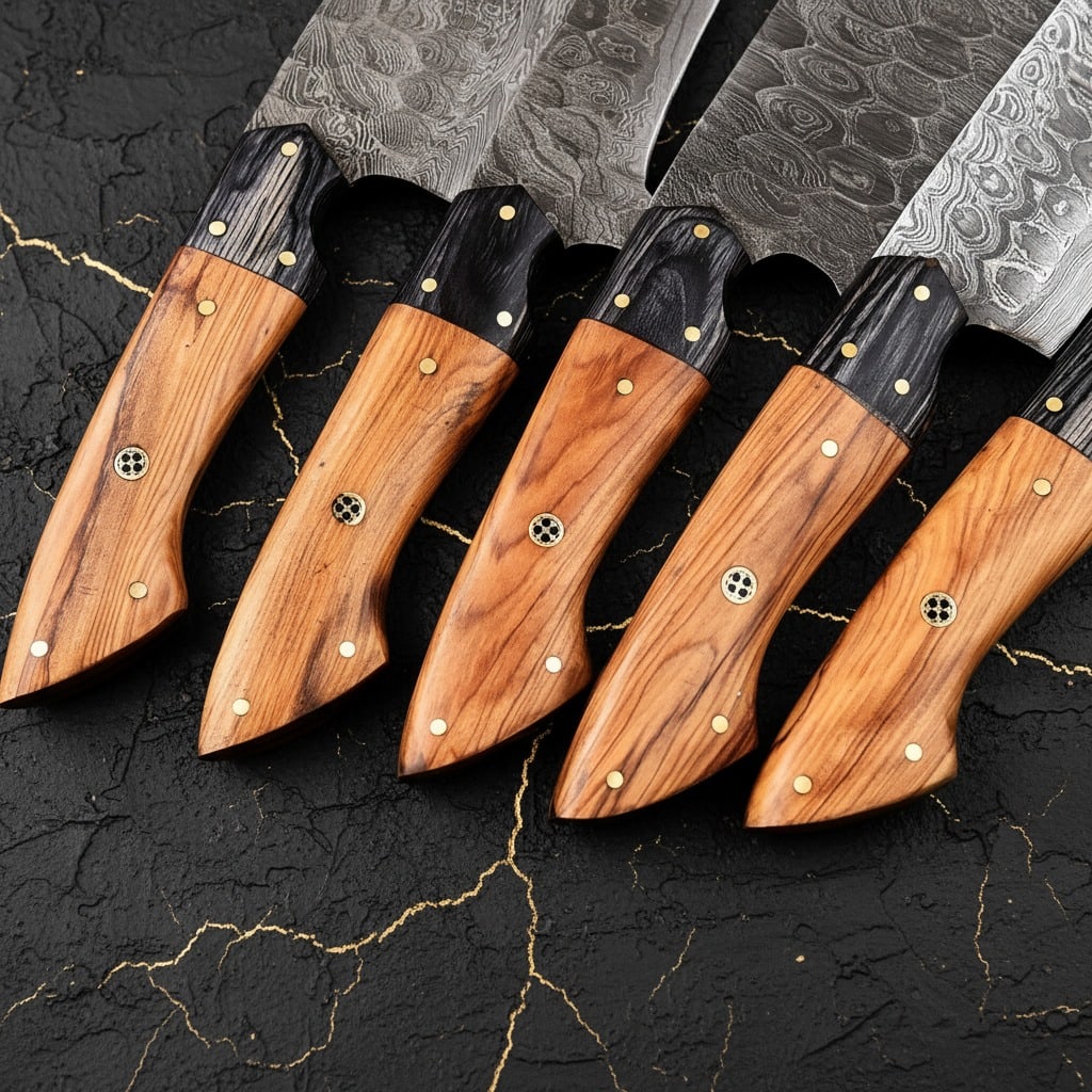 5pc Hand Forged Damascus Steel Kitchen Knife Set w/ Wood Handles and Leather Sheath - 3