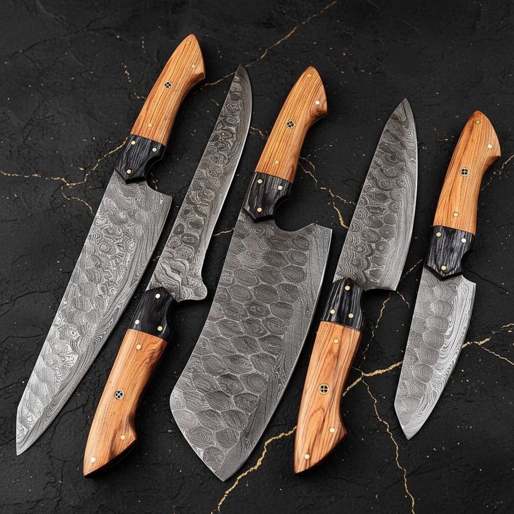 5pc Hand Forged Damascus Steel Kitchen Knife Set w/ Wood Handles and Leather Sheath - 4