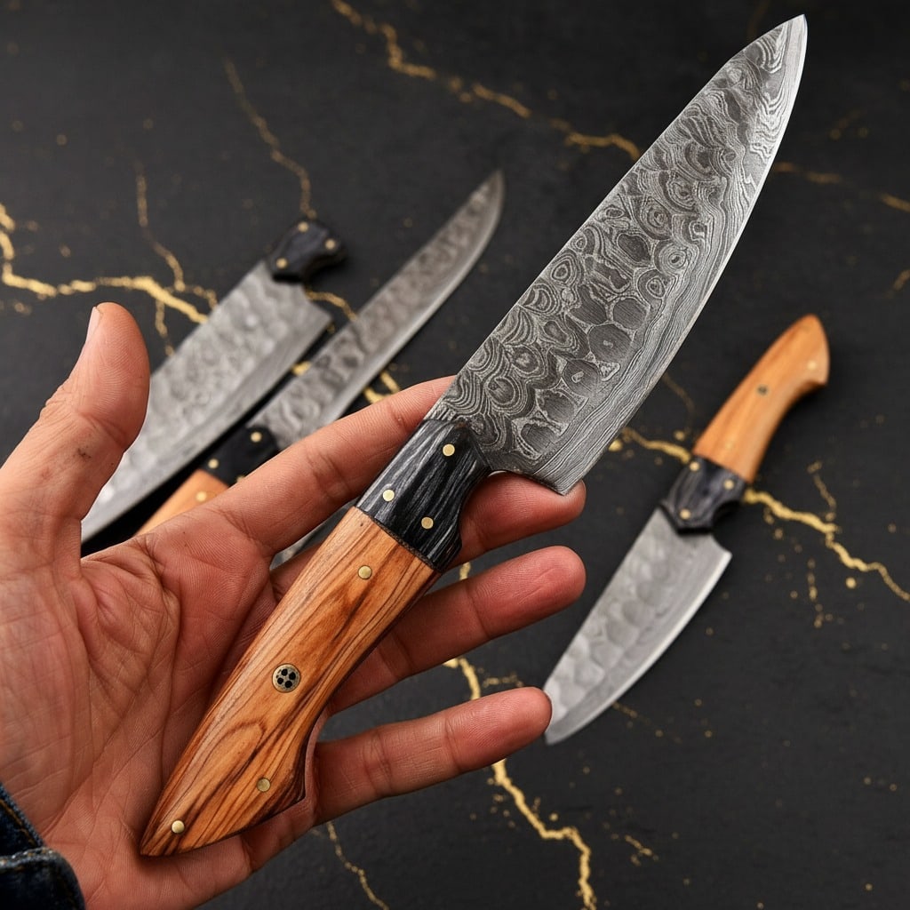 5pc Hand Forged Damascus Steel Kitchen Knife Set w/ Wood Handles and Leather Sheath - 5