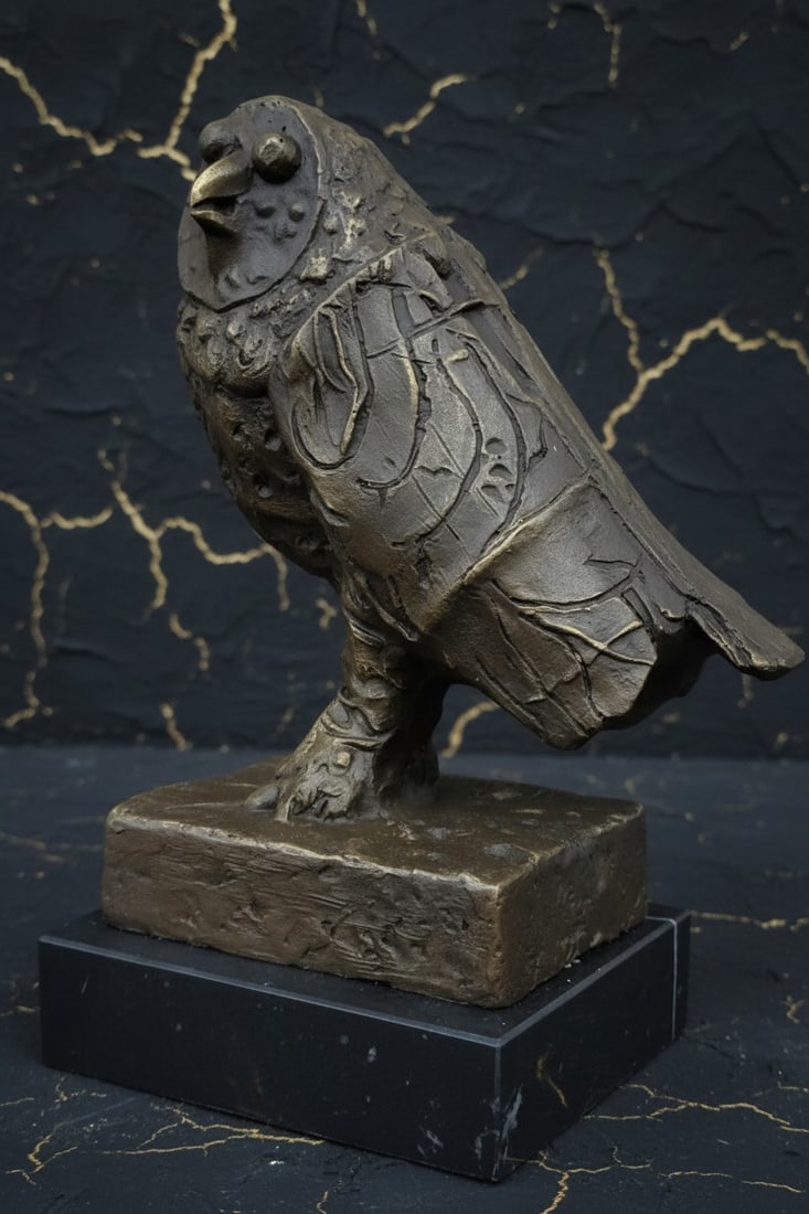 Vintage Bronze Owl Statue Wildlife Sculpture Figurine on Marble Base - 3