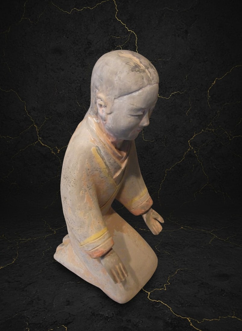 Antique Chinese Polychrome Figurine Hand Painted Burial Attendant Figure - 2