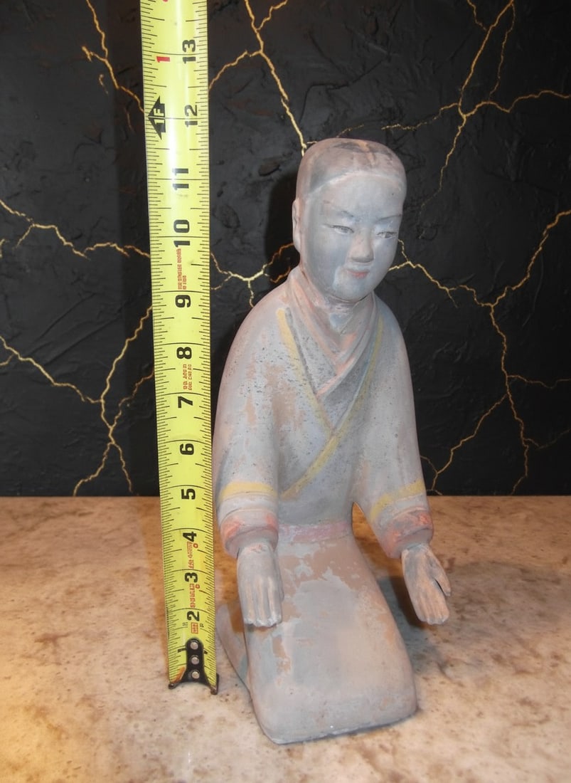 Antique Chinese Polychrome Figurine Hand Painted Burial Attendant Figure - 9