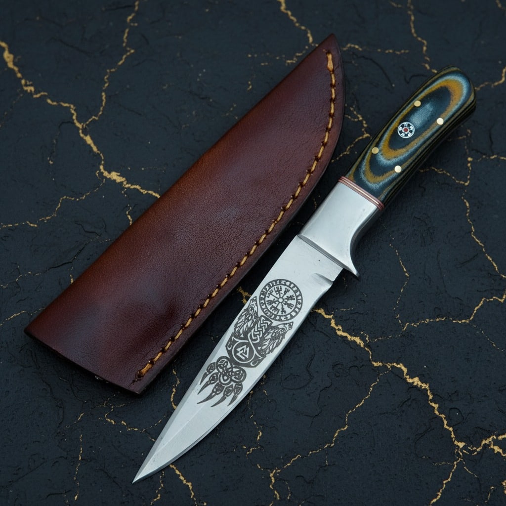 8" Hand-Forged D2 Steel Skinner Knife, Micarta Handle, Mosaic Pin and Sheath (1 of 6)