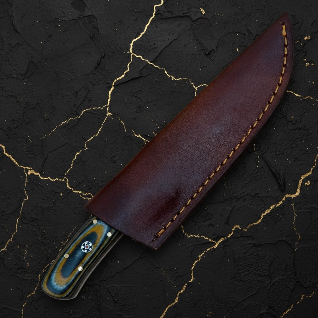 8" Hand-Forged D2 Steel Skinner Knife, Micarta Handle, Mosaic Pin and Sheath - 2