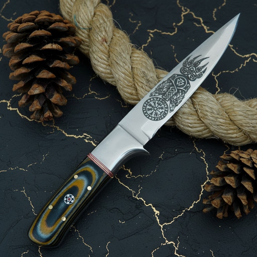 8" Hand-Forged D2 Steel Skinner Knife, Micarta Handle, Mosaic Pin and Sheath - 4