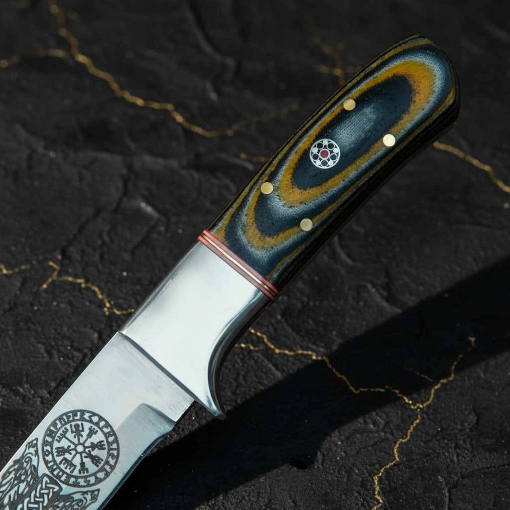 8" Hand-Forged D2 Steel Skinner Knife, Micarta Handle, Mosaic Pin and Sheath - 5