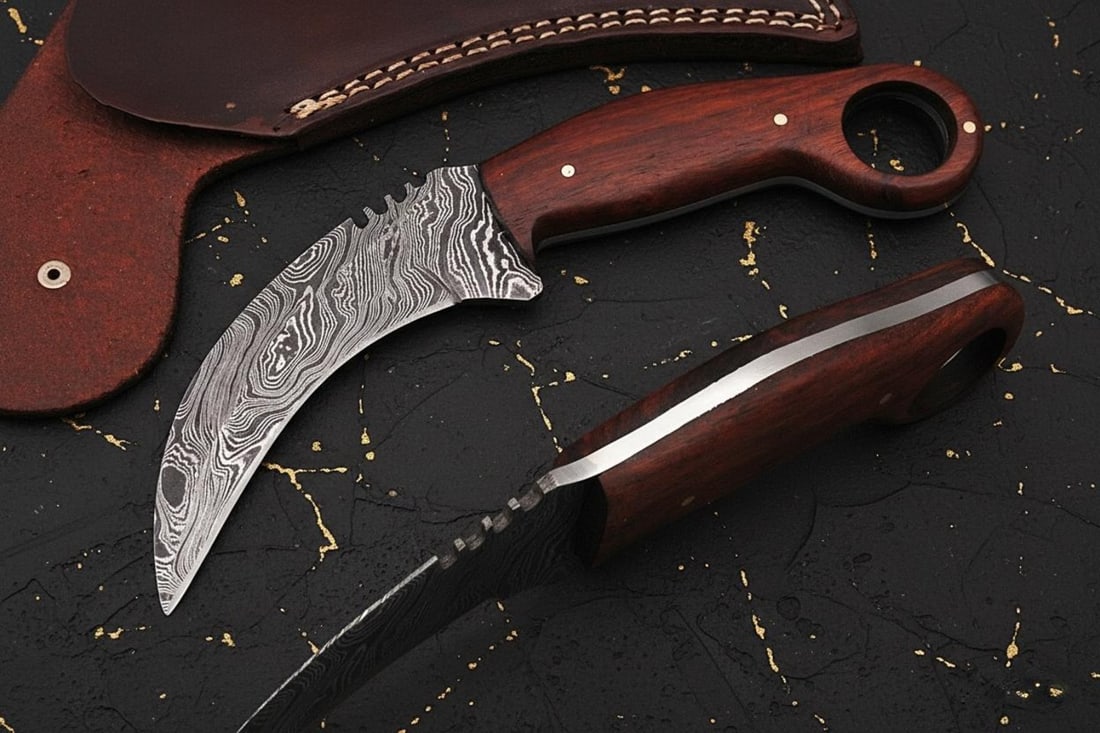 Custom Forged Damascus Karambit, 9-inch Fixed Blade Hunting Knife with Wood Handle: Title:Custom Forged Damascus Karambit, 9-inch Fixed Blade Hunting Knife with Wood Handle Description:This listing is for a custom handmade Karambit knife, a design inspired by the formidable claws of