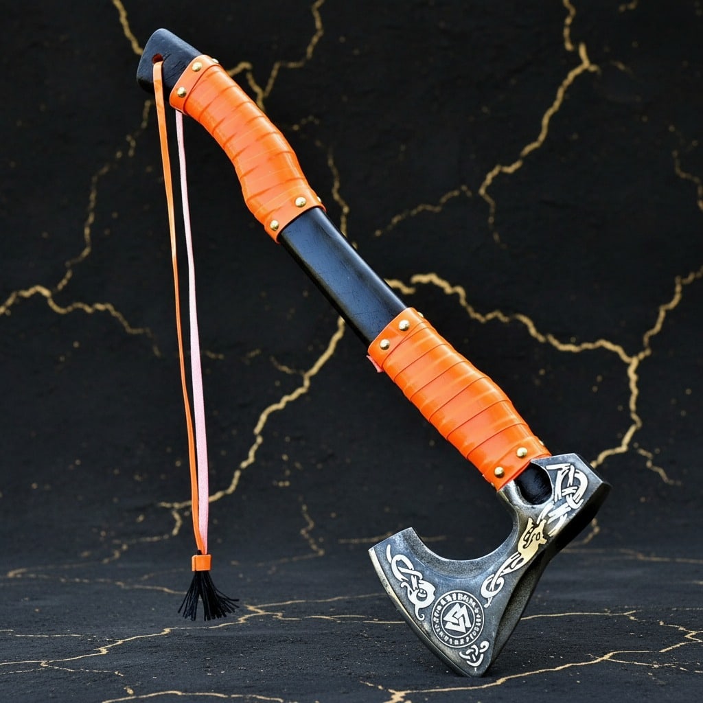 Hand Forged Viking Bearded Axe Norse Valknut Hatchet Leather Wrapped Grip: Title:Hand Forged Viking Bearded Axe Norse Valknut Hatchet Leather Wrapped Grip Description:This hand-forged bearded axe features the iconic Valknut symbol, a powerful emblem in Norse mythology associ