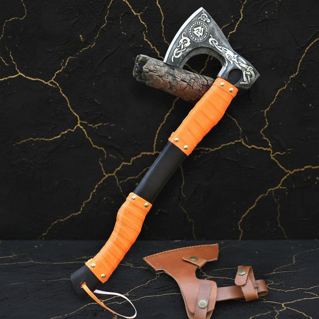 Hand Forged Viking Bearded Axe Norse Valknut Hatchet Leather Wrapped Grip - 2
