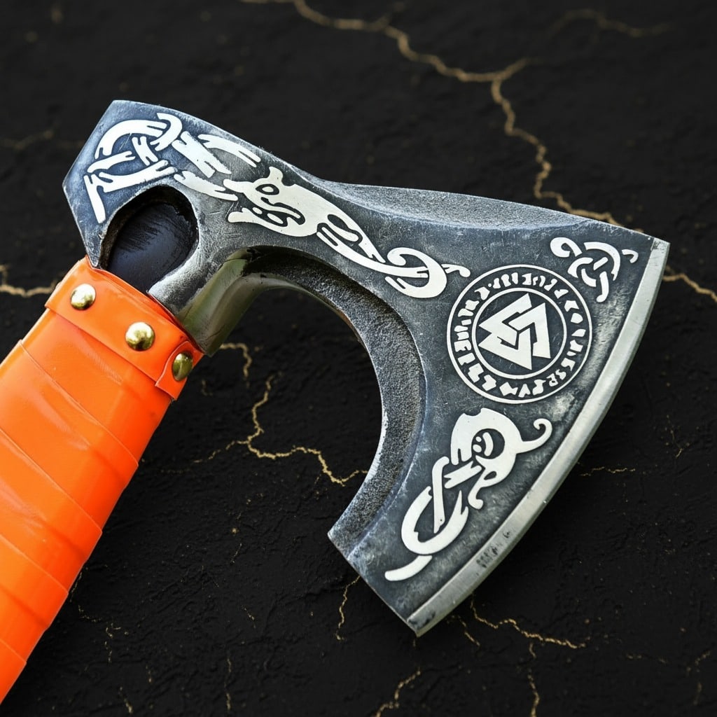 Hand Forged Viking Bearded Axe Norse Valknut Hatchet Leather Wrapped Grip - 4