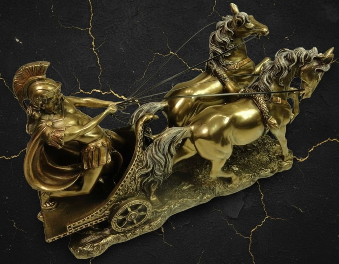 Vintage Style Roman Chariot Warrior Figurine Bronze Tone Statue Decor - 3