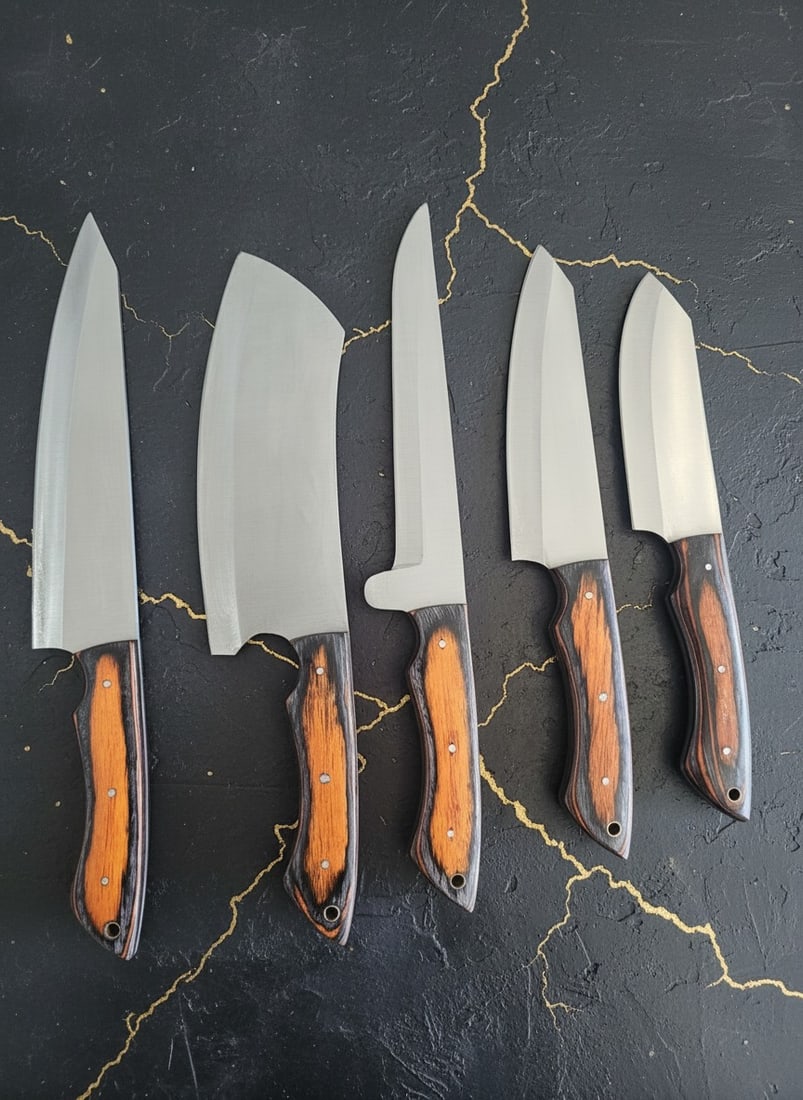 5pc Hand-Forged D2 Steel Chef Knife Set Hammered Finish With Leather Roll - 11