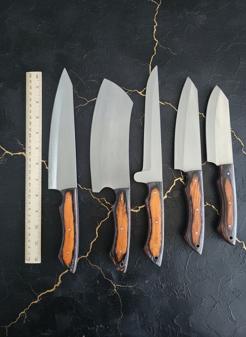 5pc Hand-Forged D2 Steel Chef Knife Set Hammered Finish With Leather Roll - 12