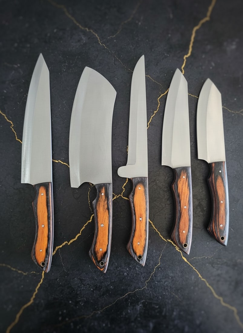 5pc Hand-Forged D2 Steel Chef Knife Set Hammered Finish With Leather Roll: Title:5pc Hand-Forged D2 Steel Chef Knife Set Hammered Finish With Leather Roll Description:This professional chef set includes five hand-forged knives and a cowhide leather carrying bag. Each knife i