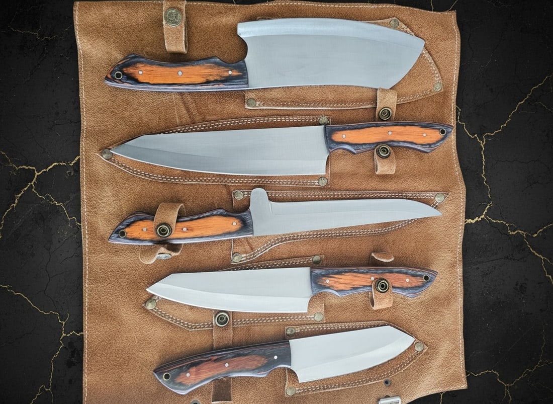 5pc Hand-Forged D2 Steel Chef Knife Set Hammered Finish With Leather Roll - 3