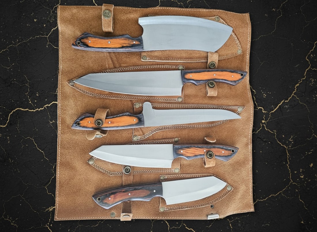 5pc Hand-Forged D2 Steel Chef Knife Set Hammered Finish With Leather Roll - 7