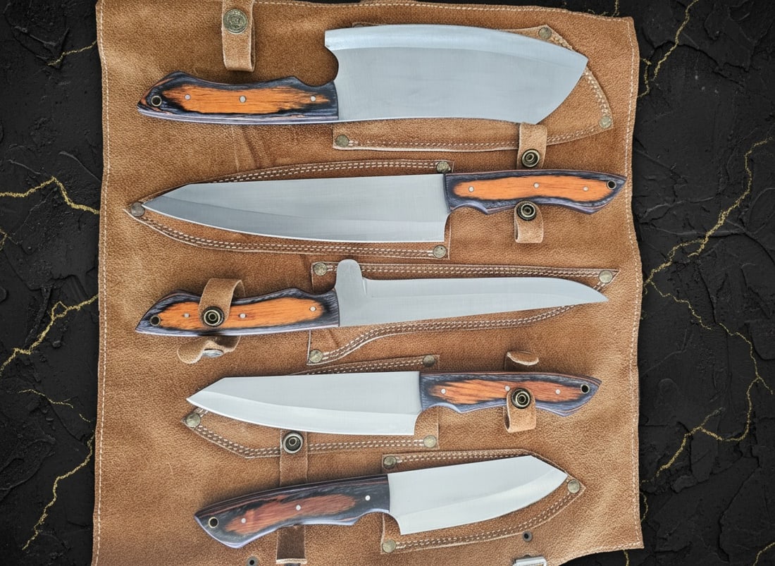 5pc Hand-Forged D2 Steel Chef Knife Set Hammered Finish With Leather Roll - 8