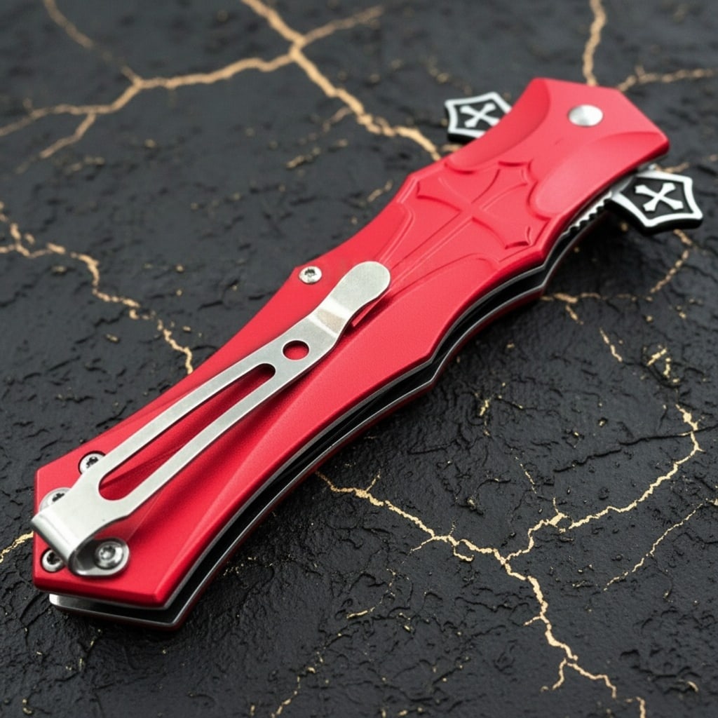 9" Tactical Spring Assisted Folding Knife, Red Cross Design, Pocket Blade - 2