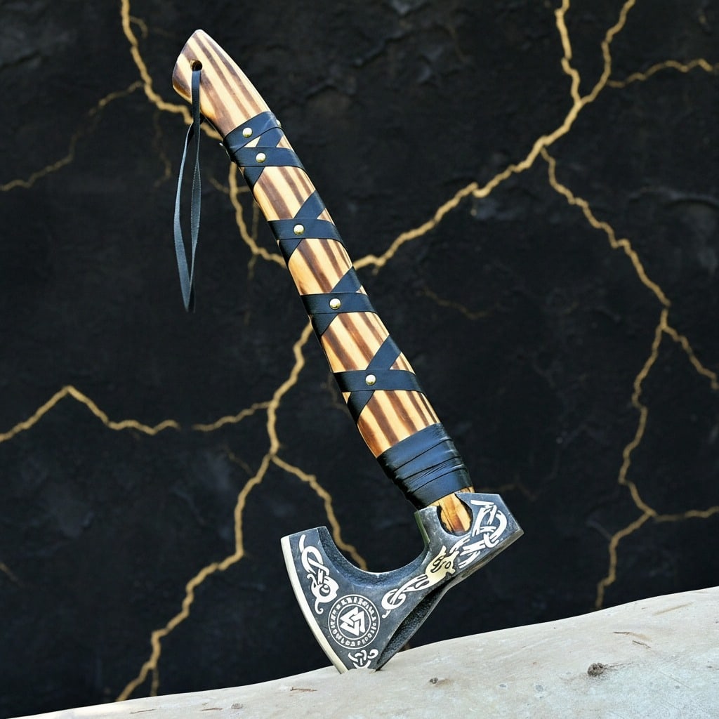 Hand-Forged Norse Valknut Battle Axe Bearded Hatchet with Leather Sheath: Title:Hand-Forged Norse Valknut Battle Axe Bearded Hatchet with Leather Sheath Description:This handcrafted Viking bearded axe features the iconic Valknut symbol, a powerful emblem in Norse mythology 