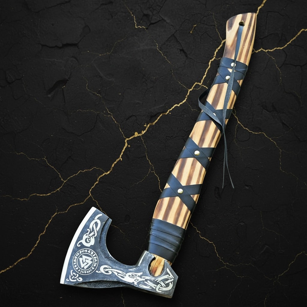 Hand-Forged Norse Valknut Battle Axe Bearded Hatchet with Leather Sheath - 2