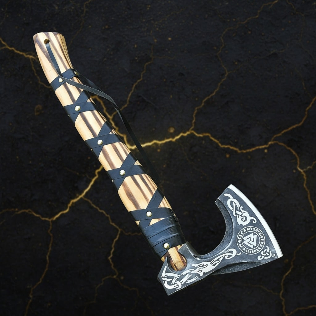 Hand-Forged Norse Valknut Battle Axe Bearded Hatchet with Leather Sheath - 3