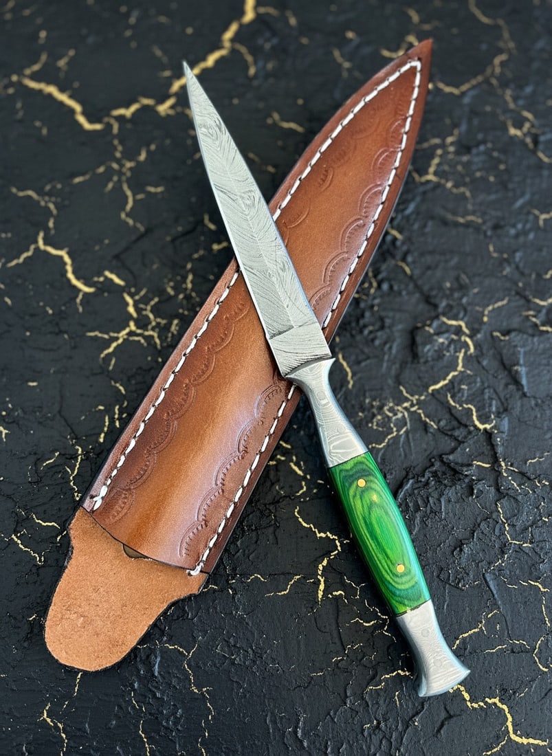 Handmade Damascus Steel Dagger Colored Wood Handle Premium Leather Sheath (1 of 3)