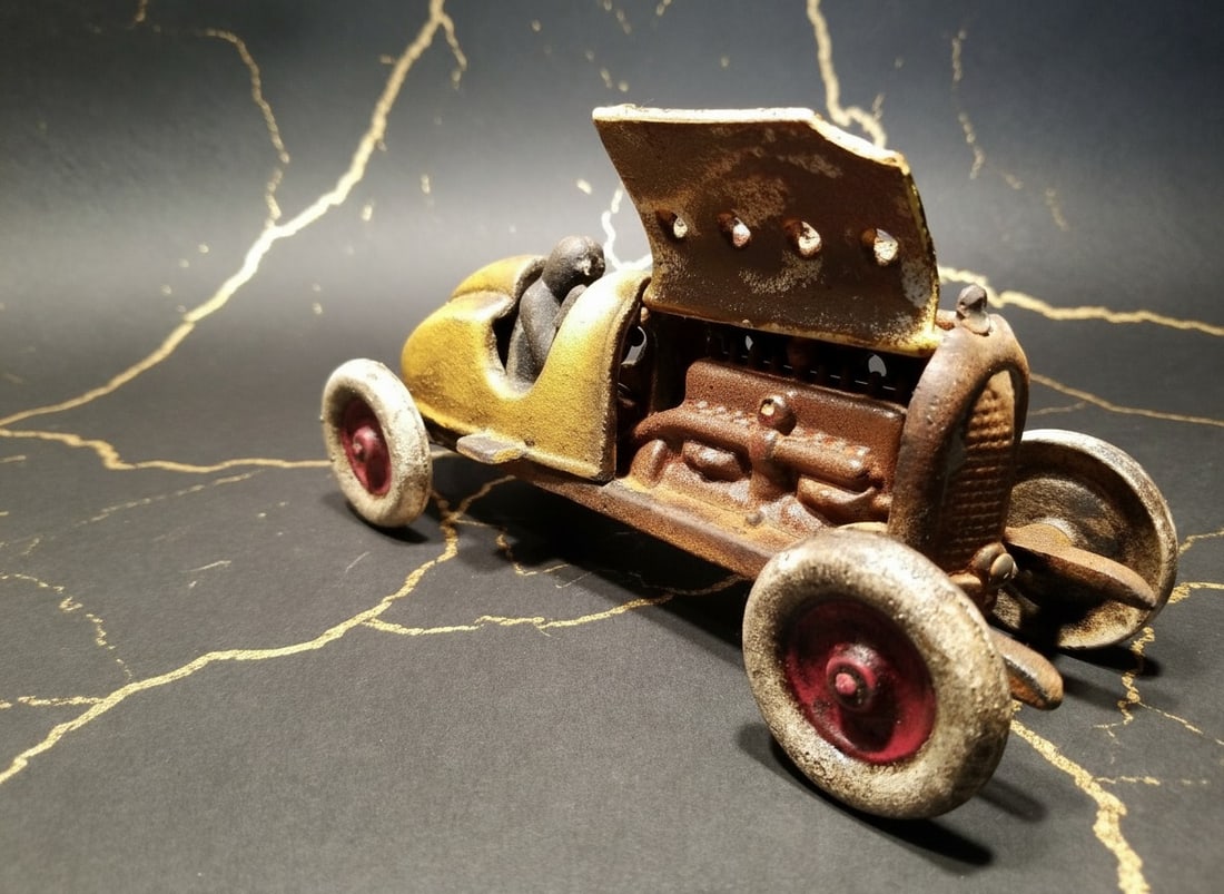 Vintage Yellow Cast Iron Racing Toy Car #5 Vehicle with Opening Hood - 2