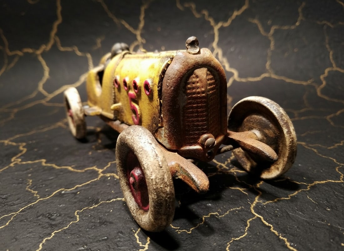 Vintage Yellow Cast Iron Racing Toy Car #5 Vehicle with Opening Hood - 4