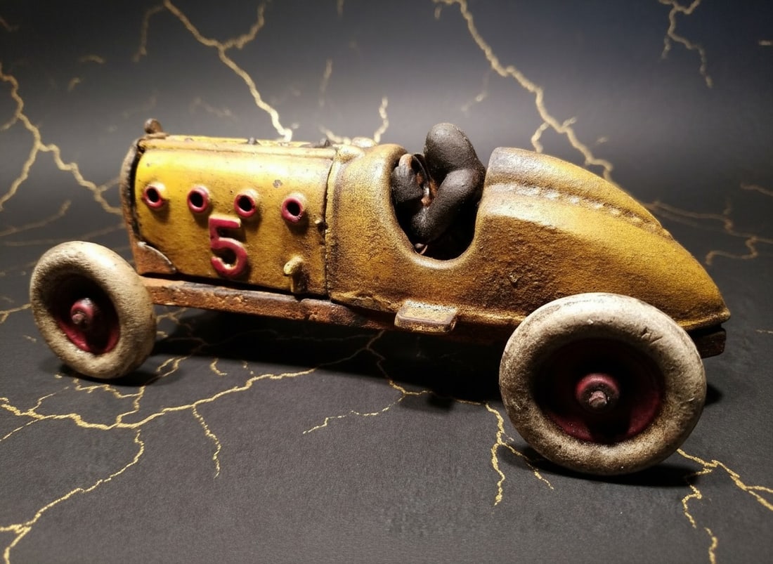 Vintage Yellow Cast Iron Racing Toy Car #5 Vehicle with Opening Hood - 6
