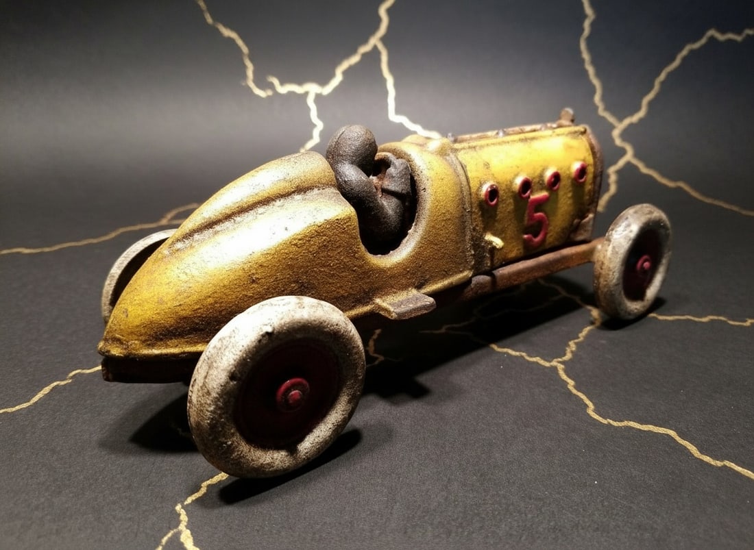 Vintage Yellow Cast Iron Racing Toy Car #5 Vehicle with Opening Hood - 7