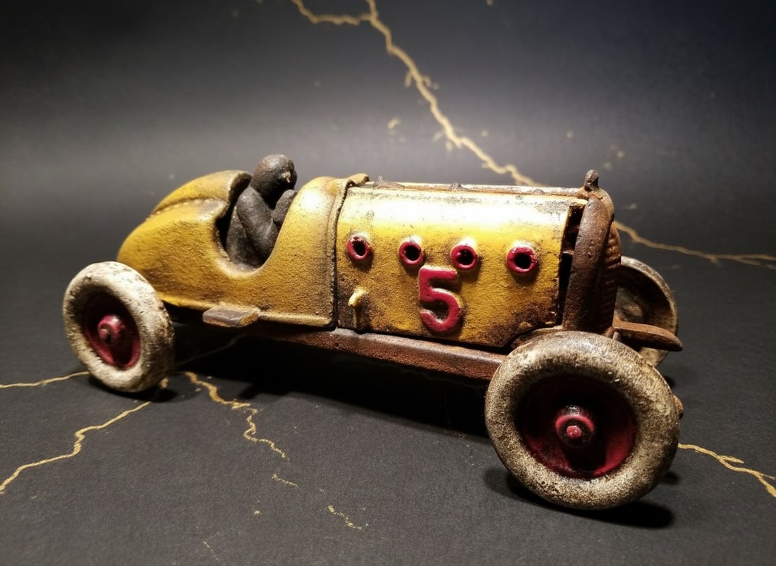 Vintage Yellow Cast Iron Racing Toy Car #5 Vehicle with Opening Hood - 8