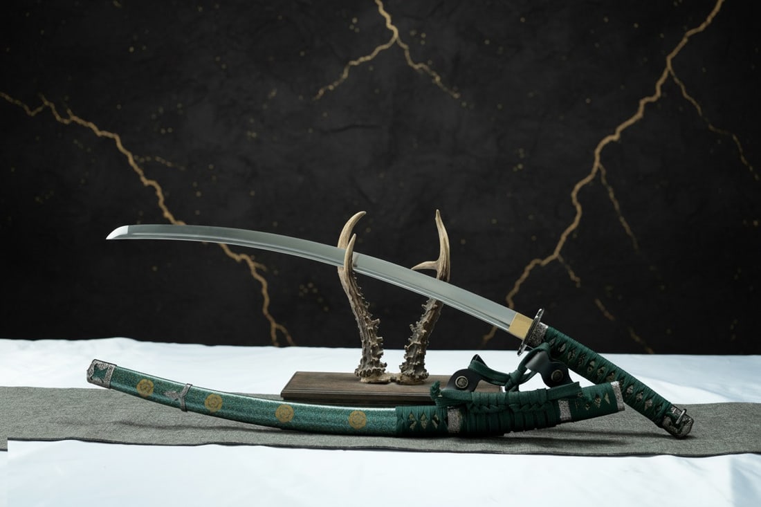 Hand Forged Sharp Carbon Steel Tachi Samurai Katana Deep Curve Green Sword - 10
