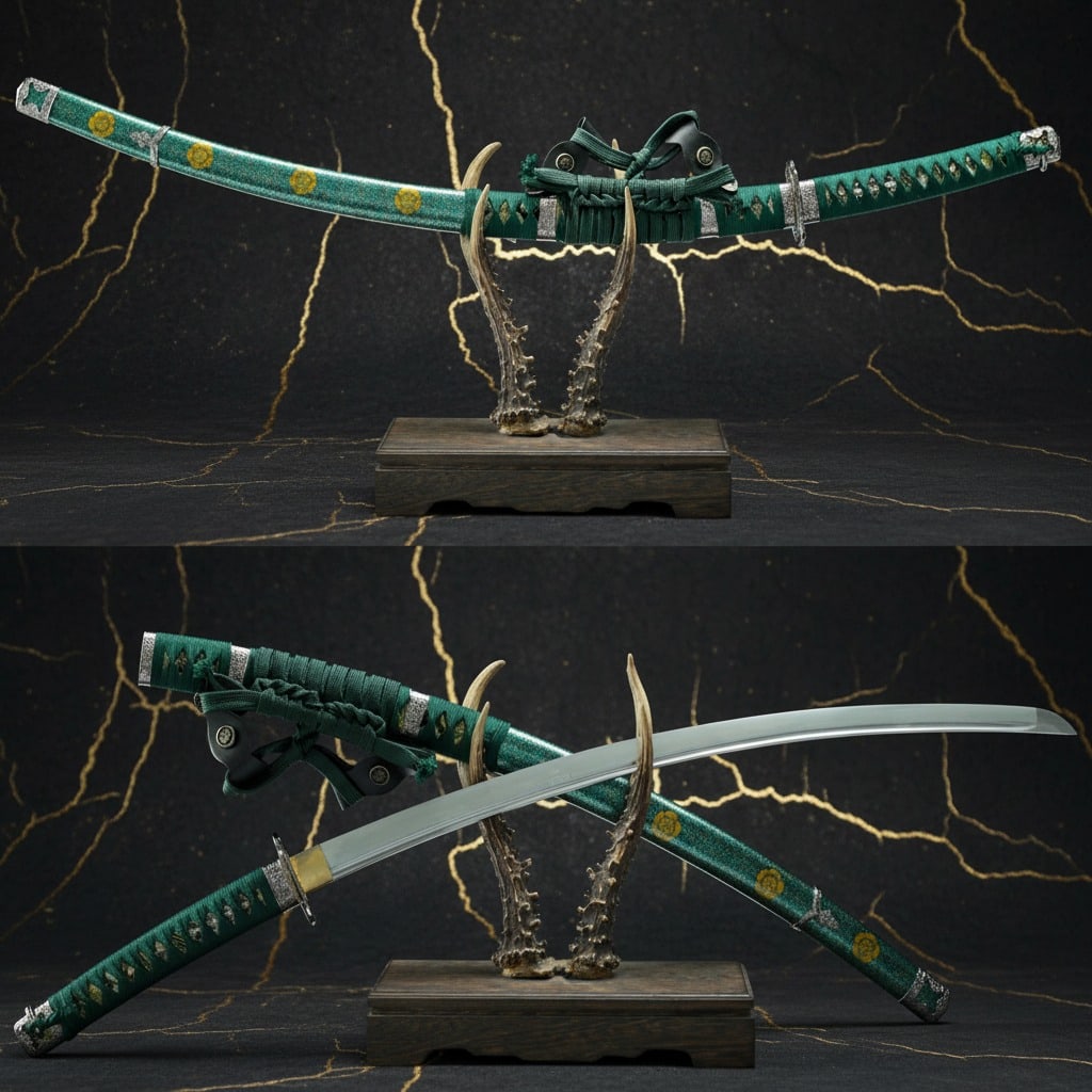 Hand Forged Sharp Carbon Steel Tachi Samurai Katana Deep Curve Green Sword: Title:Hand Forged Sharp Carbon Steel Tachi Samurai Katana Deep Curve Green Sword Description:This traditional real tachi is a handmade, battle ready sharp sword featuring a large 7.8cm radian,