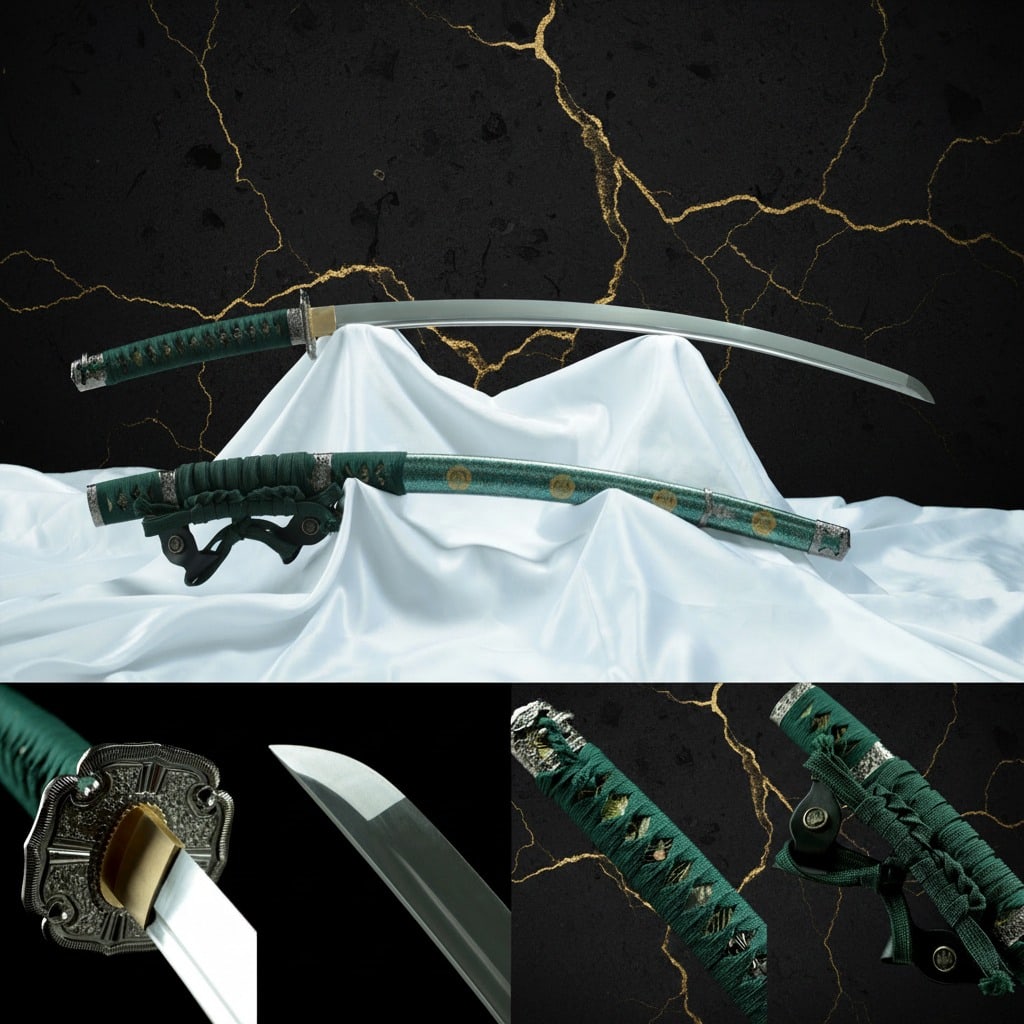 Hand Forged Sharp Carbon Steel Tachi Samurai Katana Deep Curve Green Sword - 2