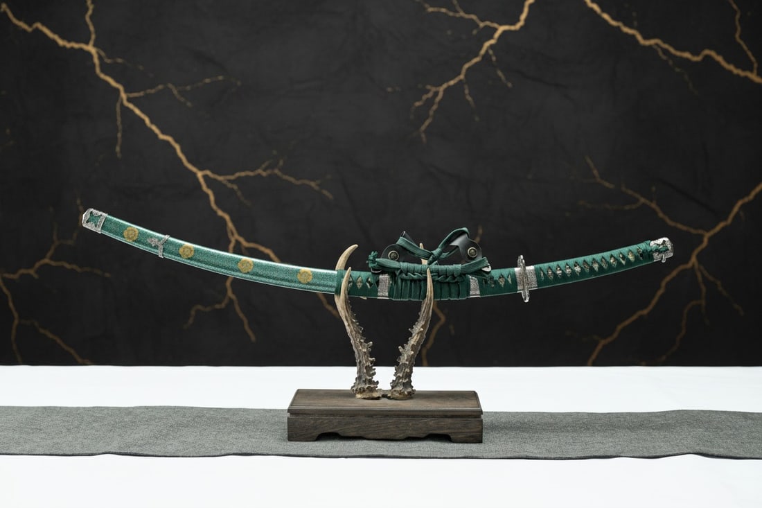 Hand Forged Sharp Carbon Steel Tachi Samurai Katana Deep Curve Green Sword - 3