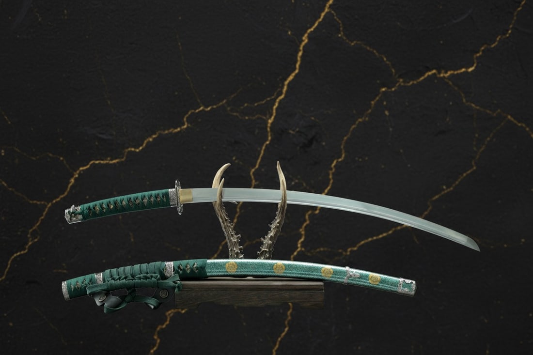 Hand Forged Sharp Carbon Steel Tachi Samurai Katana Deep Curve Green Sword - 4