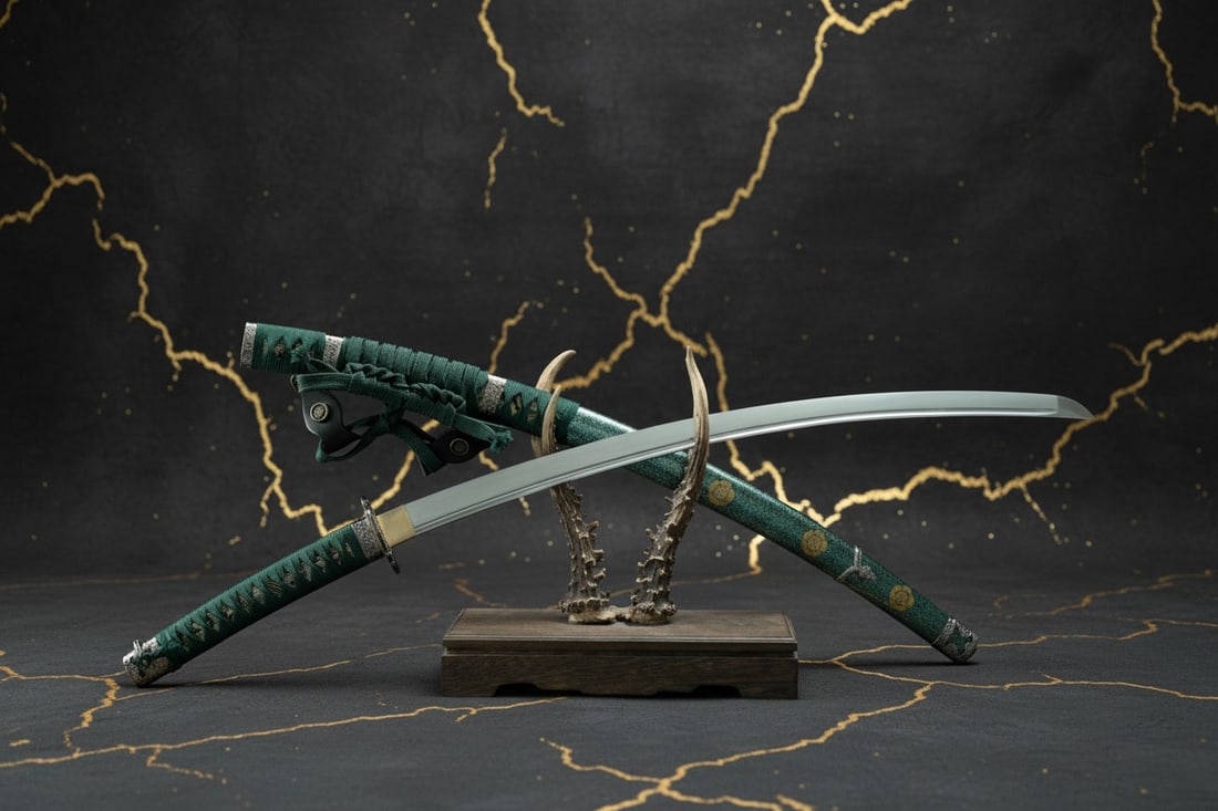 Hand Forged Sharp Carbon Steel Tachi Samurai Katana Deep Curve Green Sword - 9