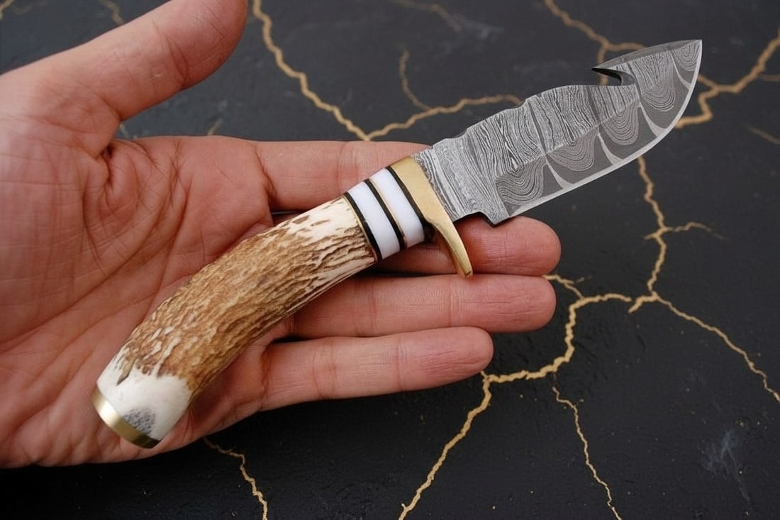 8" Hand-Forged Damascus Skinning Knife Stag Horn Handle Survival Hunting Tool - 2