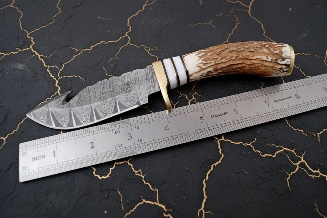 8" Hand-Forged Damascus Skinning Knife Stag Horn Handle Survival Hunting Tool - 3