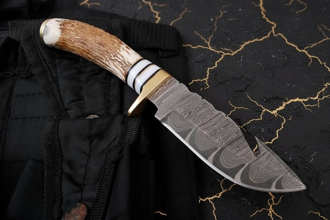 8" Hand-Forged Damascus Skinning Knife Stag Horn Handle Survival Hunting Tool - 4